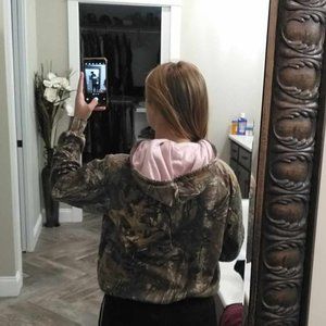 Camo hoodie with pink drawstrings